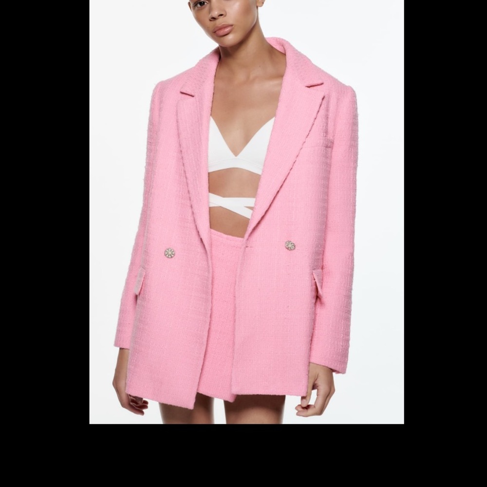 Zara Pink Textured Blazer with Jewel Buttons